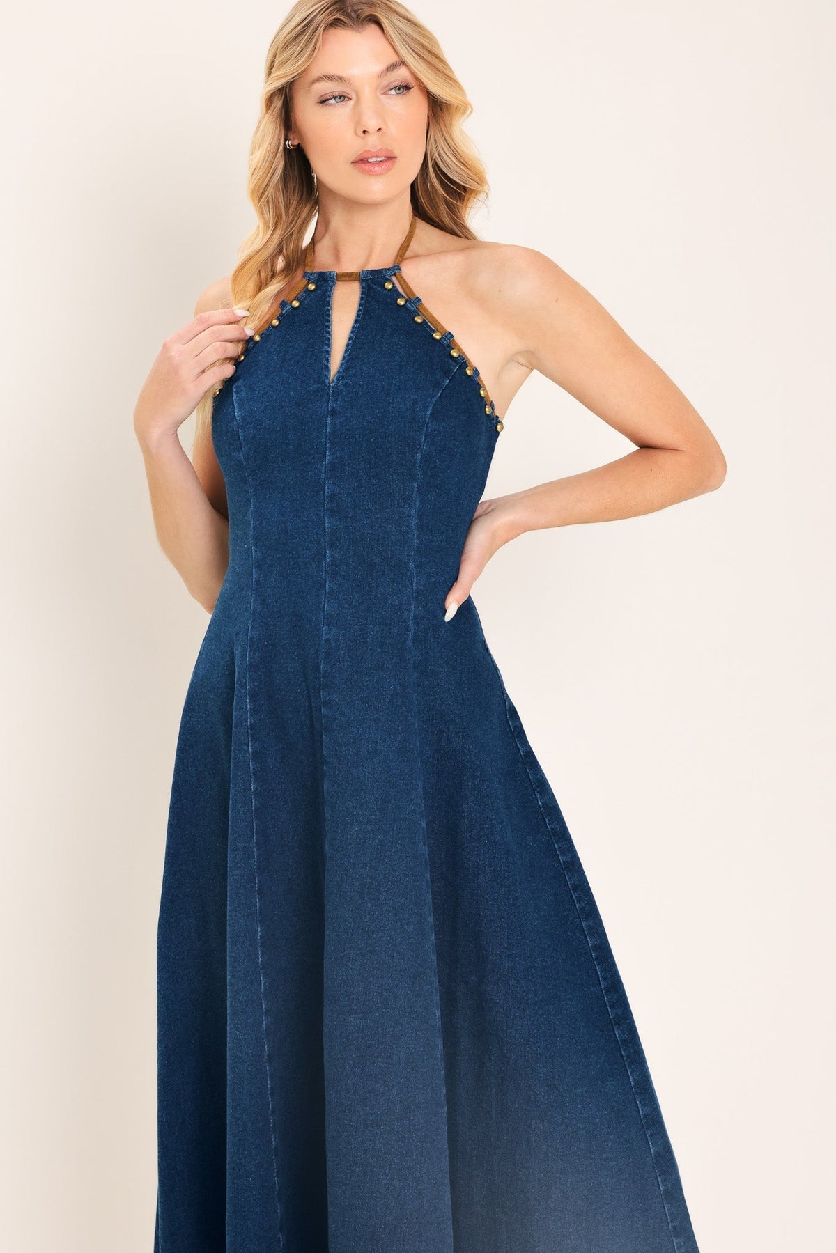 Americana Belle Indigo Denim Halter Midi Dress