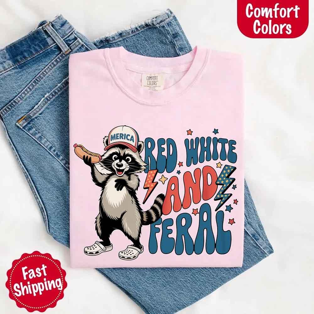 Red White & Feral Raccoon 4th of July Graphic Tee