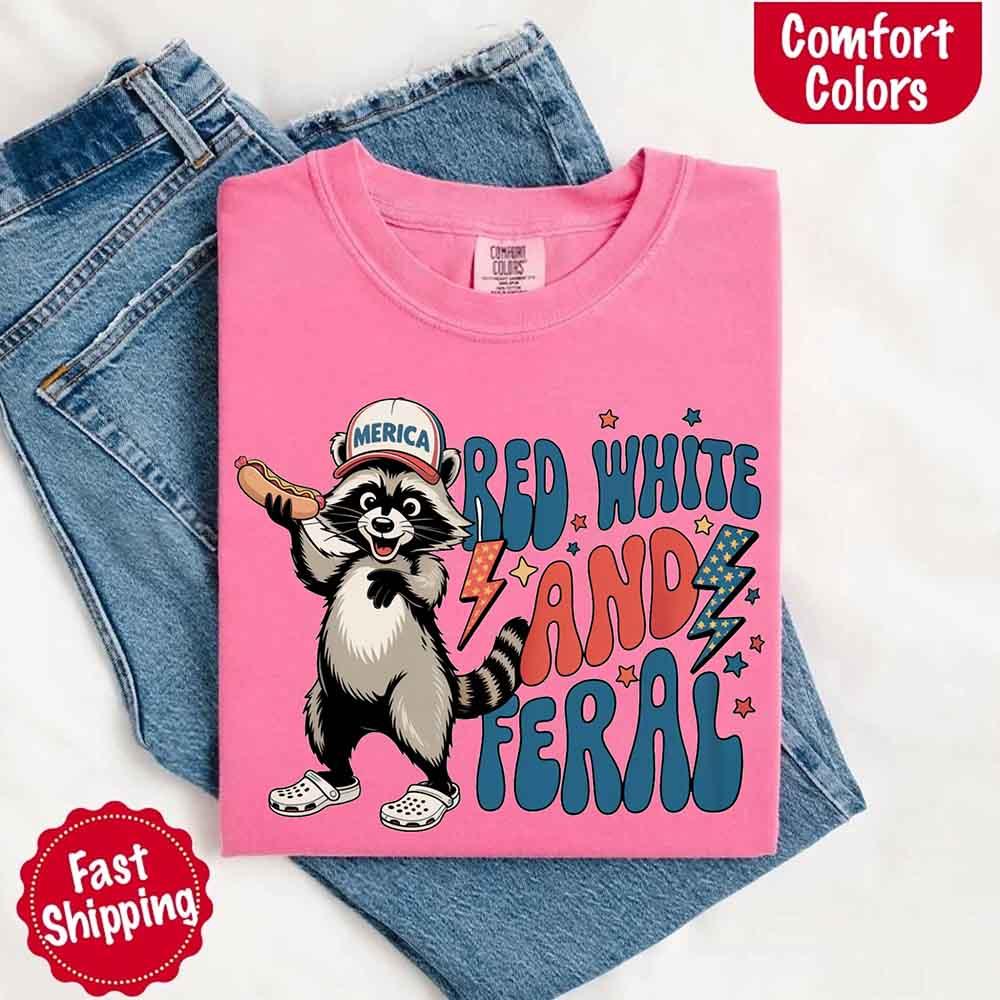 Red White & Feral Raccoon 4th of July Graphic Tee