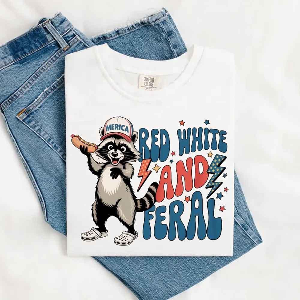 Red White & Feral Raccoon 4th of July Graphic Tee