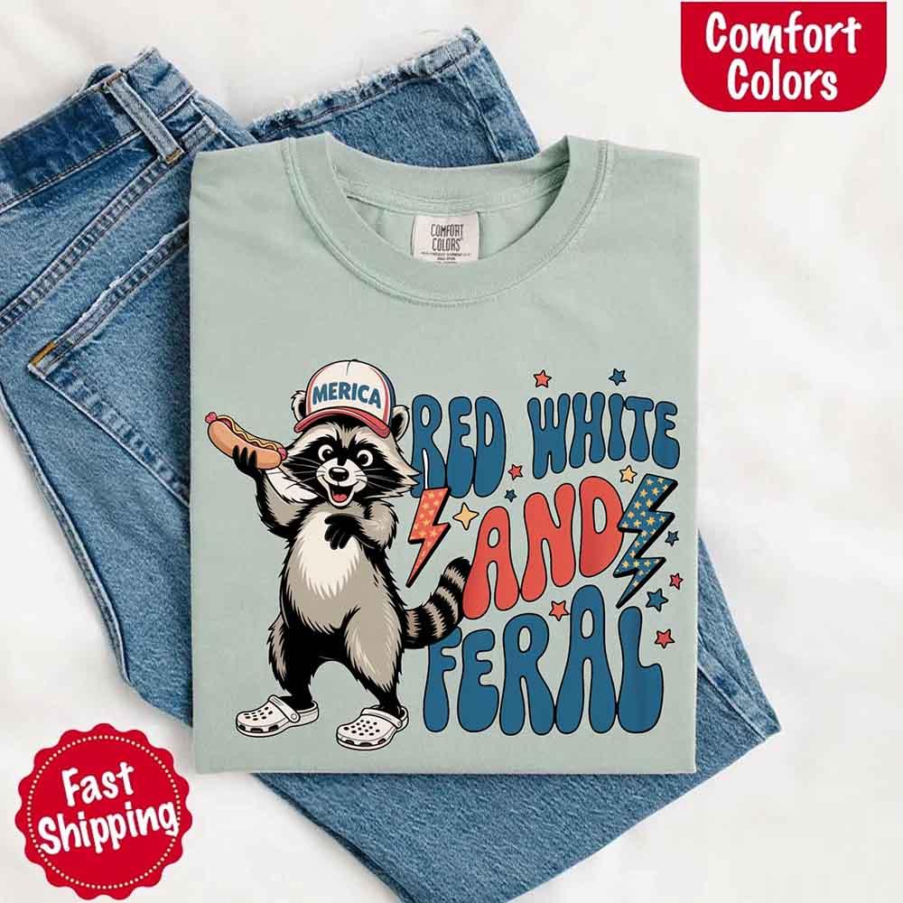 Red White & Feral Raccoon 4th of July Graphic Tee